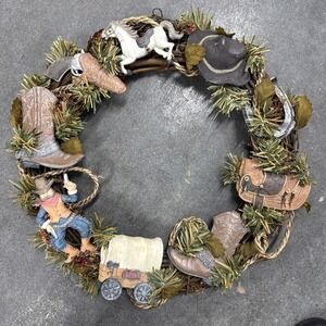 12" Cowboy Western Decor Mancave Wagon Boots Horse Outdoor‎ Rodeo Saddle Wreath